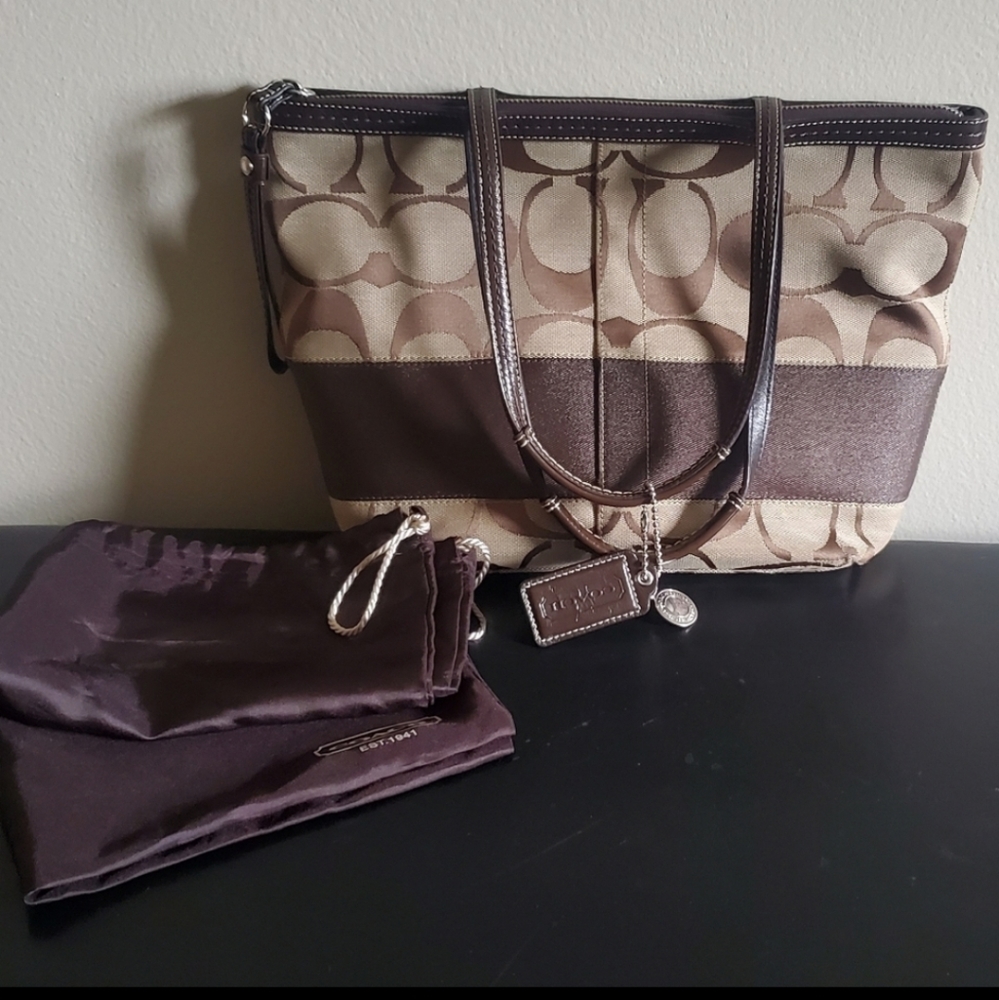 Brown Signature Stripe Coach Tote